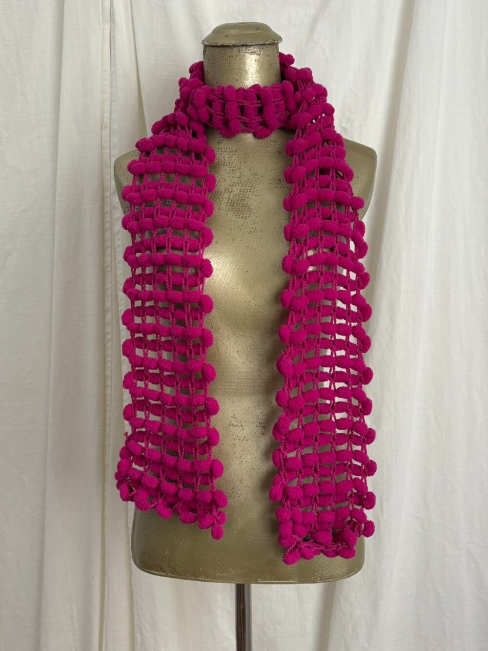 Y2K Hot Pink Pom Pom Scarf Fuzzy Textured Retangle Whimsy Vintage